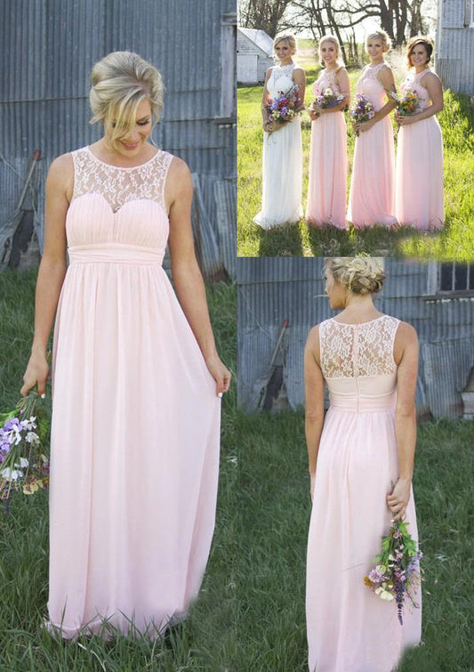 2024 Cheap A Line Chiffon Pink Lace Long Bridesmaid Dresses / Gowns