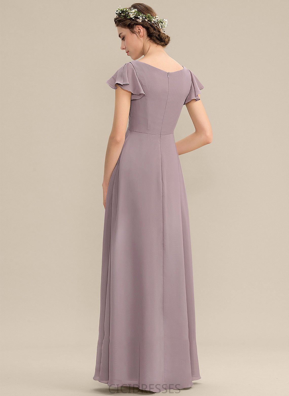 Embellishment Fabric Silhouette Pockets Floor-Length Length CascadingRuffles A-Line V-neck Neckline Chelsea Sleeveless Bridesmaid Dresses