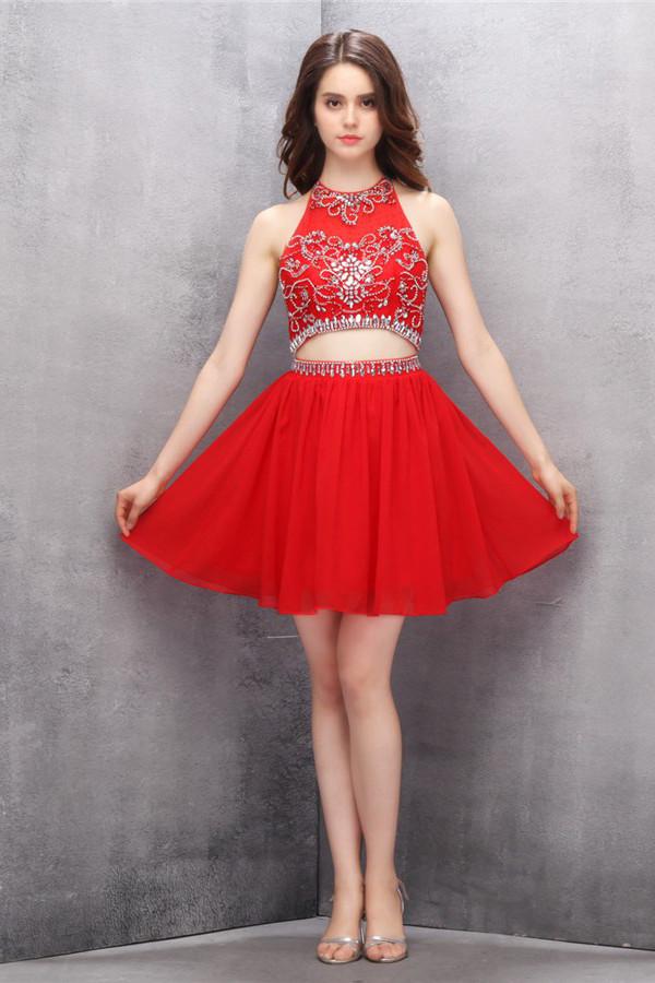 Two Piece Chiffon Red Beading Homecoming/Prom Dresses  ED77