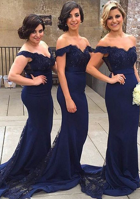 2024 New Arrival Mermaid Dark Navy Satin Lace Off The Shoulder Long Bridesmaid Dresses / Gowns