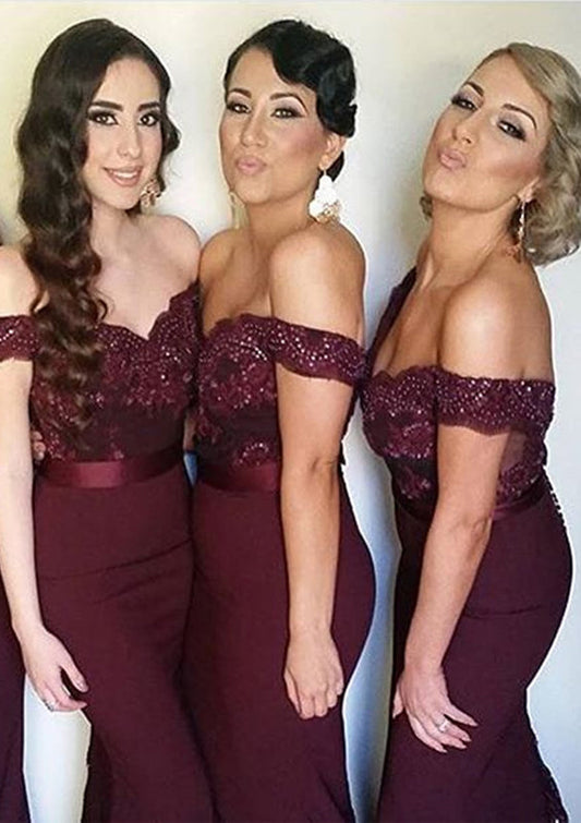 2024 New Arrival Burgundy Mermaid Off The Shoulder Long Bridesmaid Dresses / Gowns