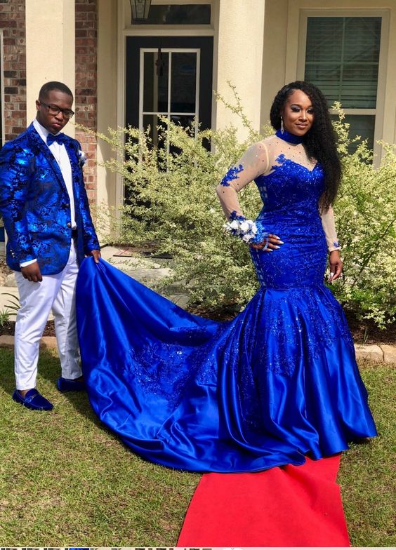 Amazing Royal Blue Long Sleeves Satin Long Train Plus Size Prom Dresses With Appliques