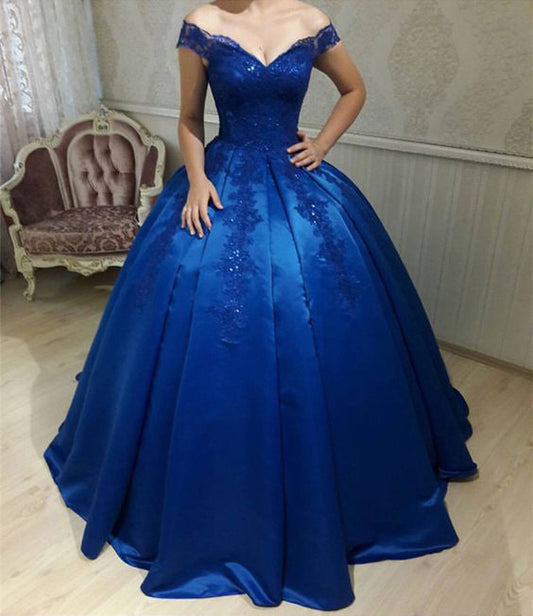 2024 New Arrival Royal Blue Off Shoulder Lace Up Back Satin Sweetheart Ball Gown Prom Dresses