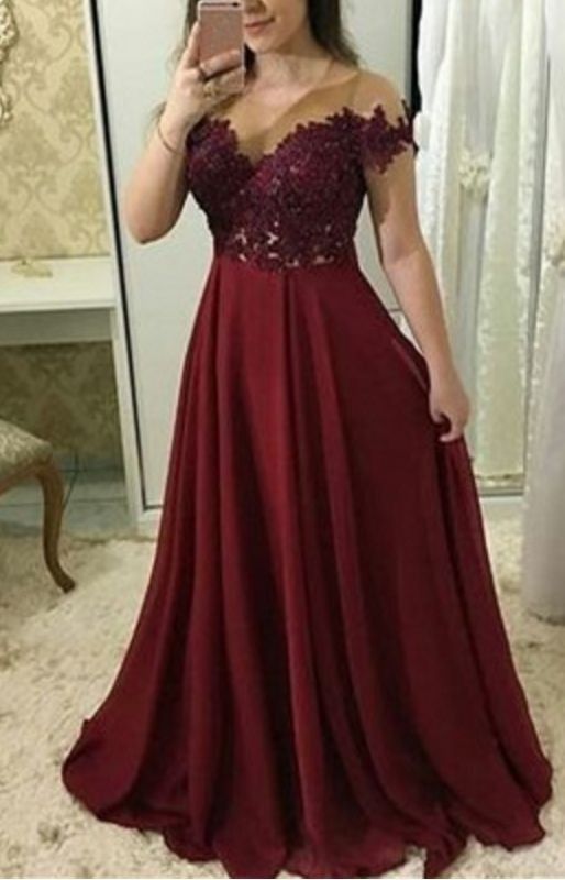 Cheap A Line Chiffon Burgundy Floor Length Plus Size Prom Dresses With Appliques