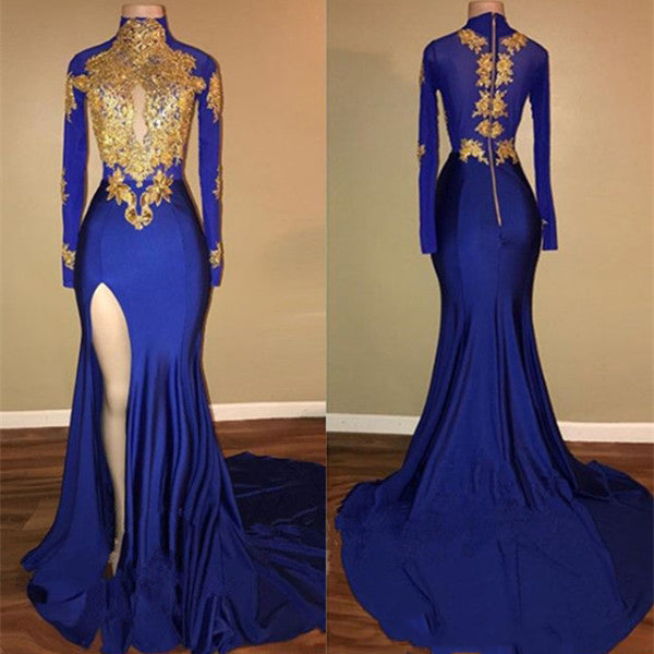 Charming African Royal Blue Side Slit Sheath Long Sleeves Prom Dresses With Gold Appliques