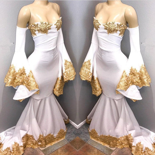 White Off Shoulder Mermaid Long Sleeves Prom Dresses With Gold Appliques African Prom Dresses