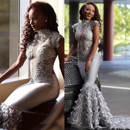 Amazing Silver Rose Decoration Middle See Through High Neck African Mermaid Long Prom Dresses