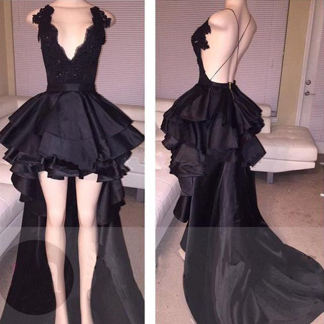 Cute A Line Black Backless High Low Ruffles Deep V Neck Lace Short Prom Dresses