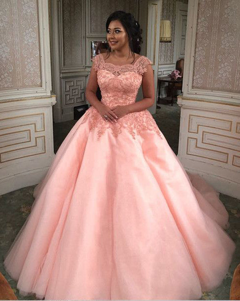 Elegant Ball Gown Pink Square Tulle High Waist Prom Dresses With Appliques