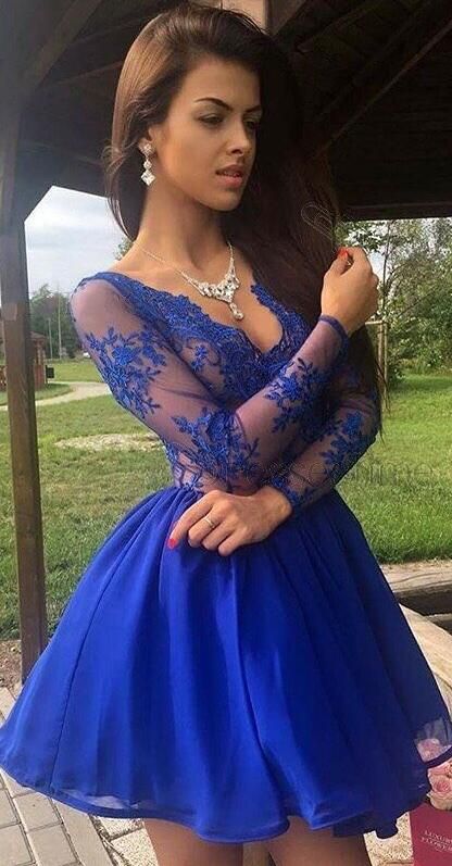 Knee Length Royal Blue V Neck Long Sleeves Organza See Through Short Prom Dresses