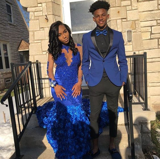 Sexy Mermaid Royal Blue African Long Sleeves Rose Open Front Long Prom Dresses With Appliques