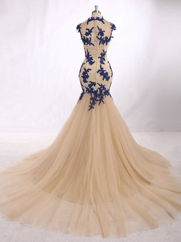 Elegant Mermaid Champagne With Blue Appliques Tulle Sleeveless Long Prom Dresses