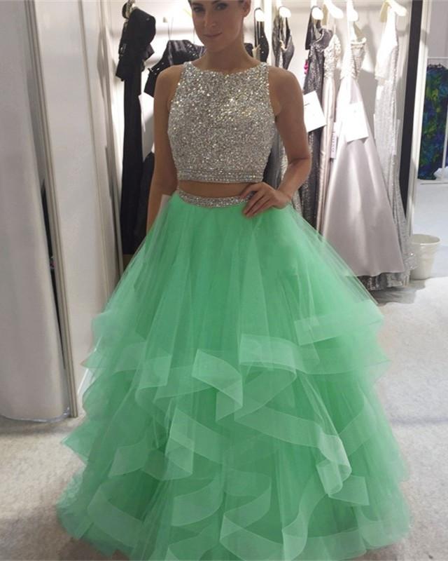 Amazing A Line Ruffles Tulle Two Pieces Beaded Champagne Prom Dresses