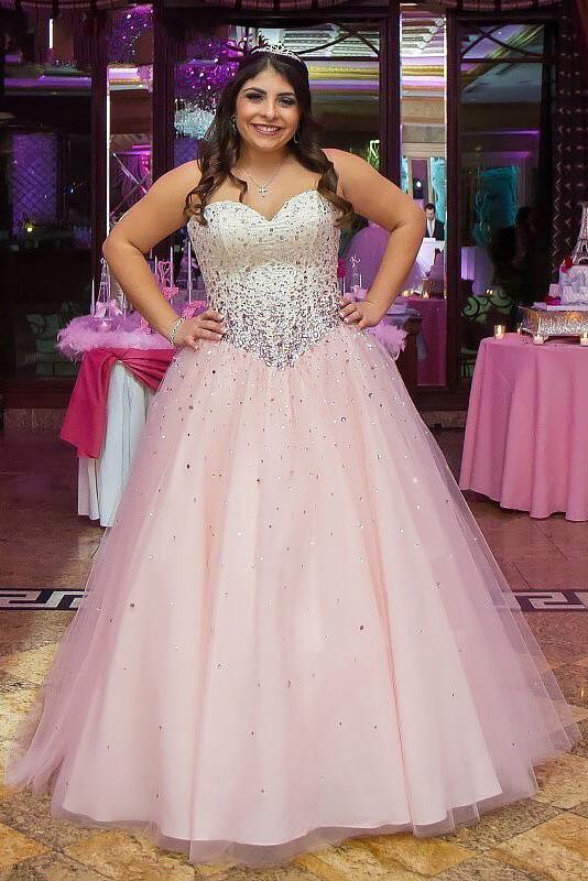Cheap Ball Gown Sweetheart Tulle Pink Lace Up Back Plus Size Prom Dresses
