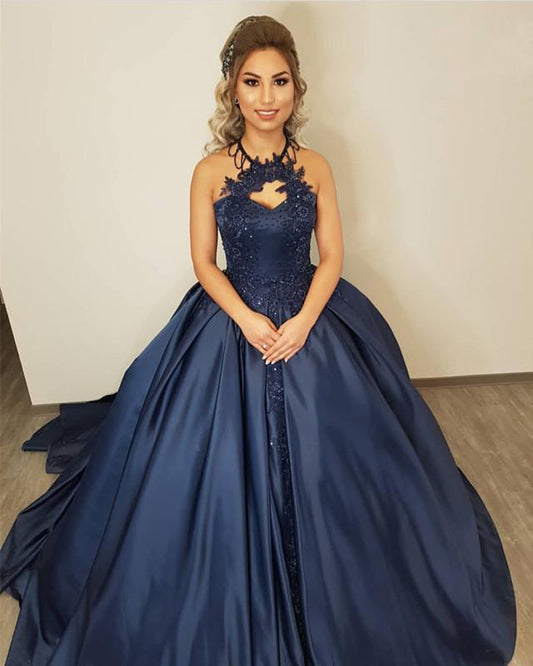 Cheap Dark Navy Satin Halter Ball Gown Prom Dresses With Appliques