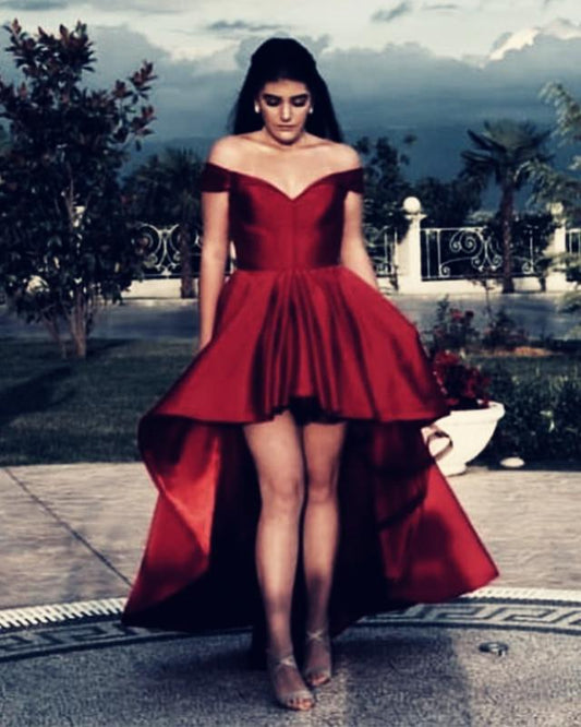 Cheap A Line Satin Red Off Shoulder Sweetheart High Low Short Prom Dresses
