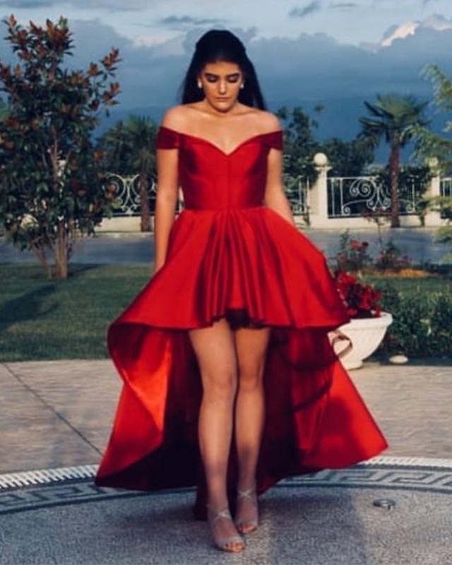 Cheap A Line Satin Red Off Shoulder Sweetheart High Low Short Prom Dresses