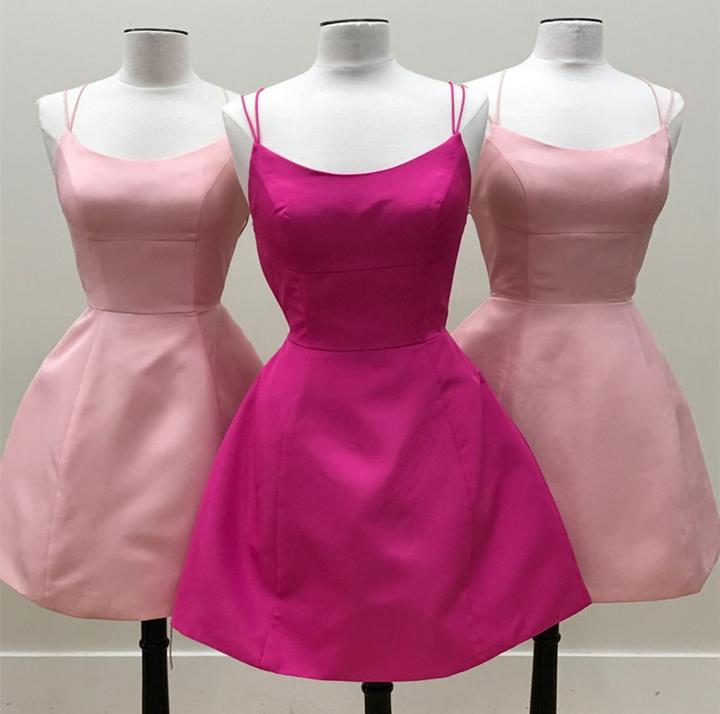Cheap A Line Satin Pink Backless Halter Knee Length Lace Up Back Short Prom Dresses