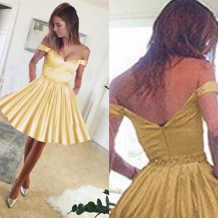 Cheap A Line Yellow Knee Length Off Shoulder Sweetheart Short Prom Dresses