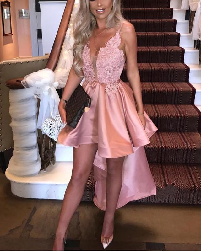Amazing Satin A Line Pink High Low V Neck Short Prom Dresses