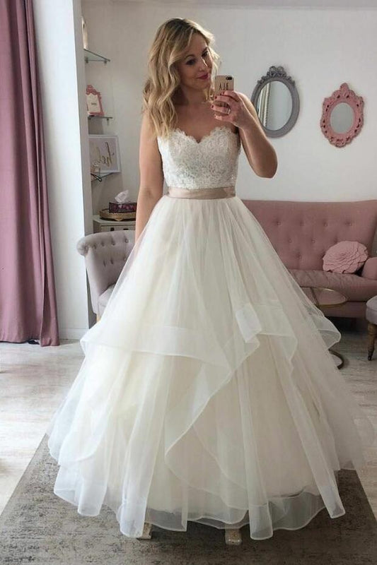 Elegant A Line Sweetheart Organza Ivory Lace Wedding Dresses With Belt 2024