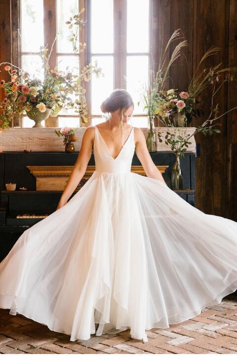 2024 Cheap A Line Deep V Neck Chiffon Backless Floor Length Wedding Dresses