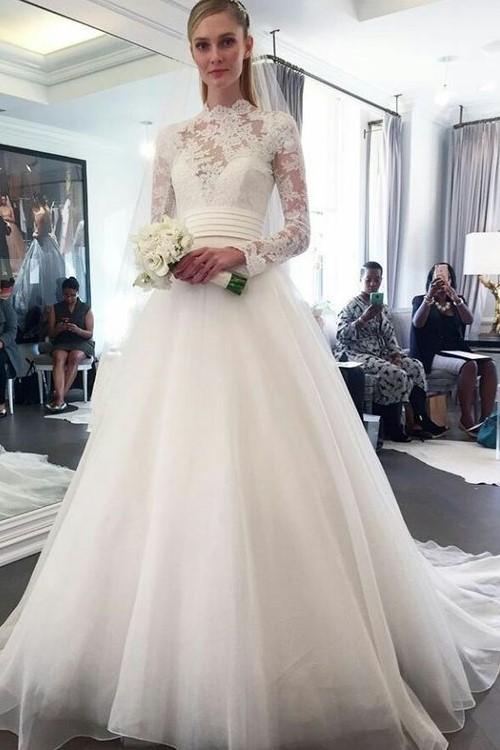 Elegant A Line Organza Long Sleeves High Neck Lace Wedding Dresses 2024