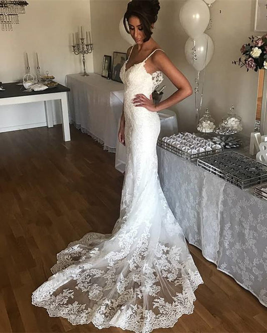 White Sheath Sweetheart Spaghetti Straps Long Lace Wedding Dresses 2024