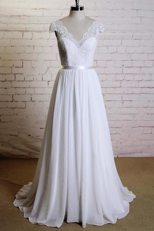 2024 Cheap A Line Chiffon Sweetheart Capped Sleeves Lace Beach Wedding Dresses