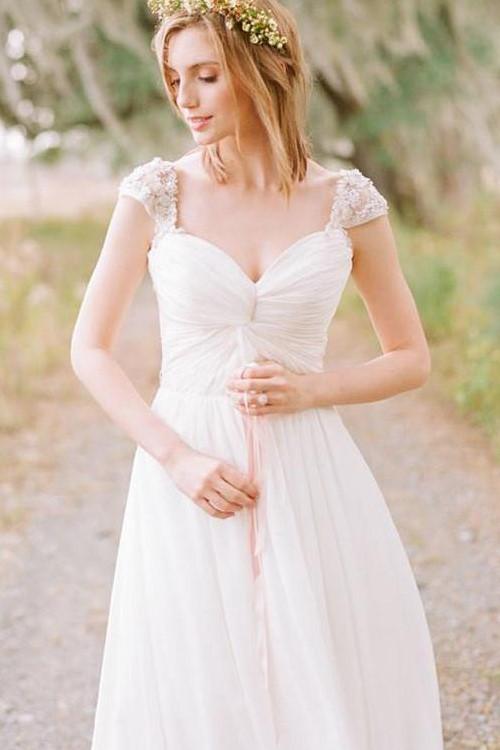 2024 Cheap Chiffon Sweetheart Capped Sleeves Beaded A Line Beach Wedding Dresses
