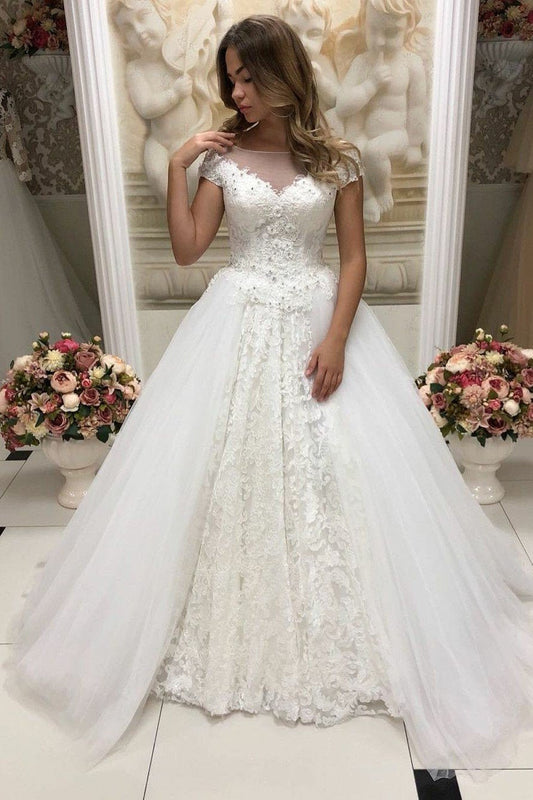 2024 New Designer A Line Tulle Sweetheart Capped Sleeves Lace Wedding Dresses