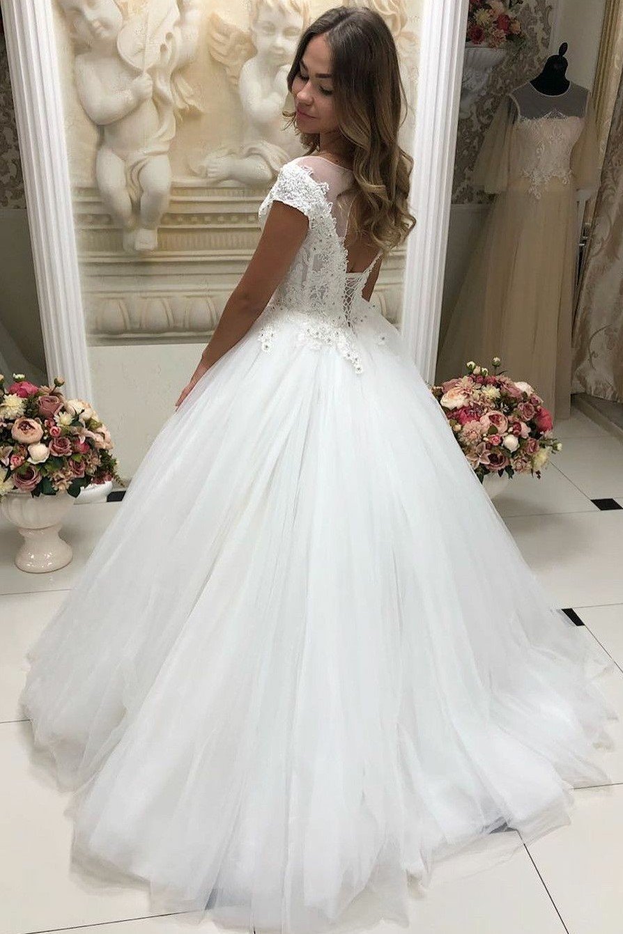 2024 New Designer A Line Tulle Sweetheart Capped Sleeves Lace Wedding Dresses