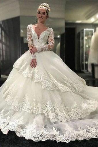2024 Luxury A Line Layered Long Sleeves Sweetheart Long Lace Wedding Dresses 2024