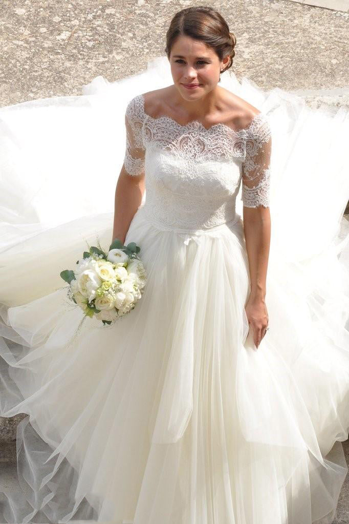 2024 Elegant A Line Tulle Off Shoulder Lace Wedding Dresses With Short Sleeves