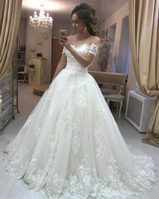 Elegant A Line Off Shoulder V Neck Lace Wedding Dresses With Short Sleeves 2024