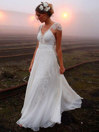 Cheap A Line Sweetheart Chiffon Capped Sleeves Backless Beach Wedding Dresses 2024