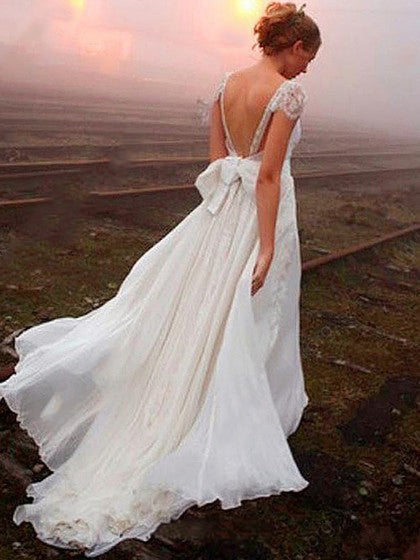 Cheap A Line Sweetheart Chiffon Capped Sleeves Backless Beach Wedding Dresses 2024