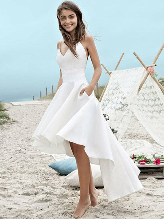 2024 Elegant A Line High Low Satin Backless Short Sweetheart Beach Wedding Dresses