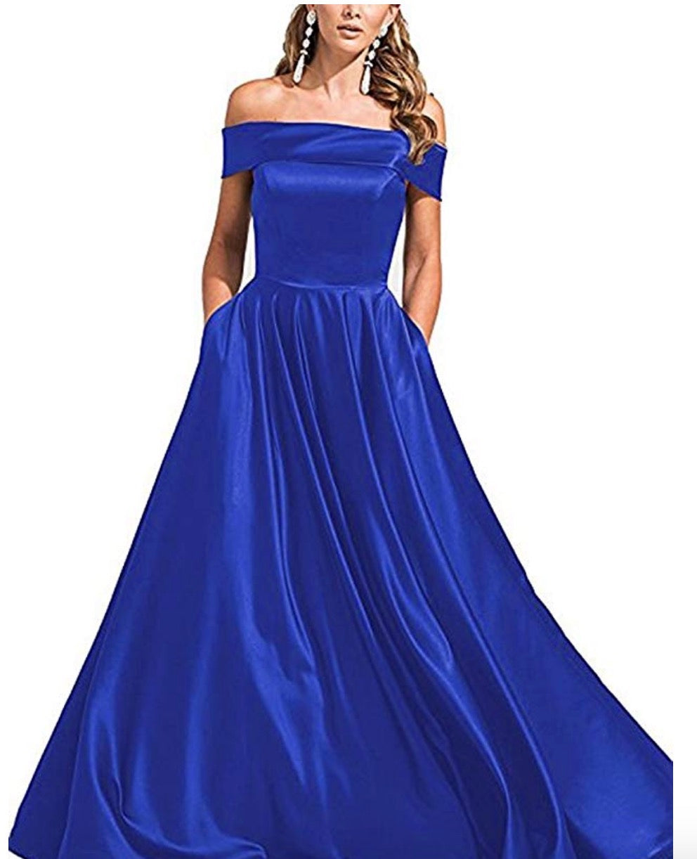 Elegant A Line Satin Yellow Off Shoulder Long Prom Dresses With Pockets