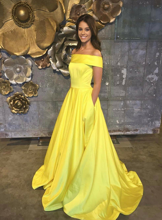 Elegant A Line Satin Yellow Off Shoulder Long Prom Dresses With Pockets