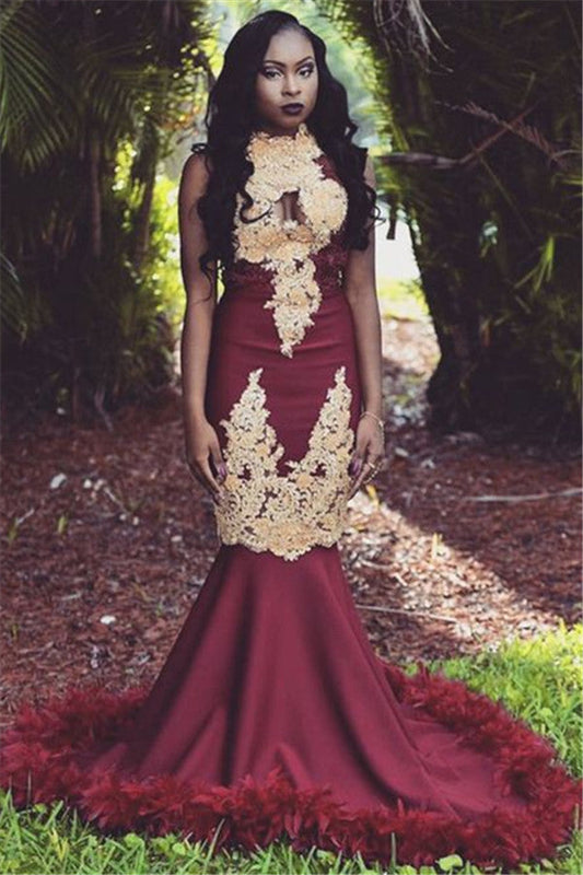 Charming Mermaid African American Burgundy and Gold Appliques High Neck Prom Dresses 2024