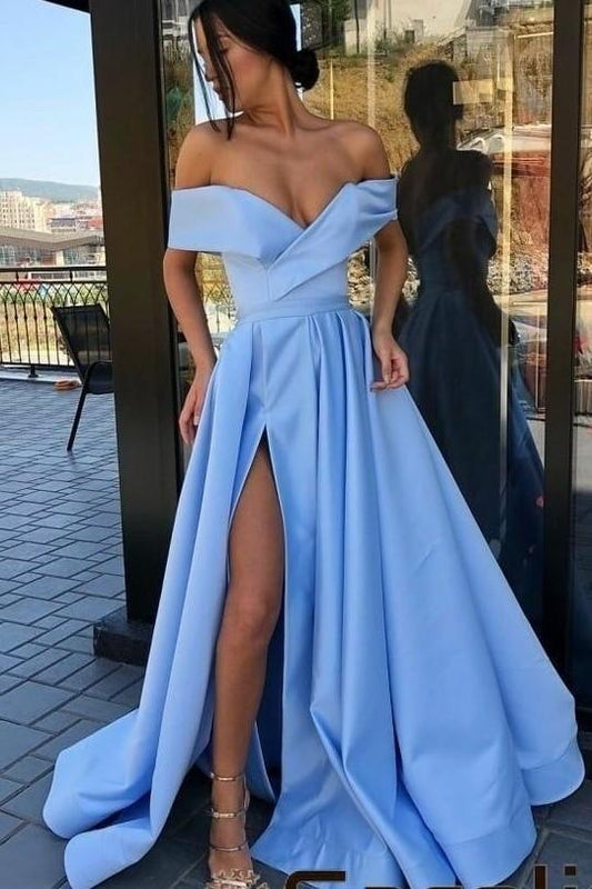2022 Amazing A Line Side Slit Satin Off Shoulder Blue Long Prom Dresses