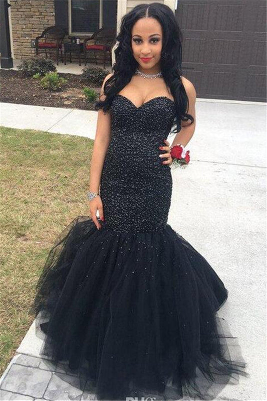 2024 Sexy Black Mermaid Tulle Sweetheart Beaded Lace Up Back Prom Dresses