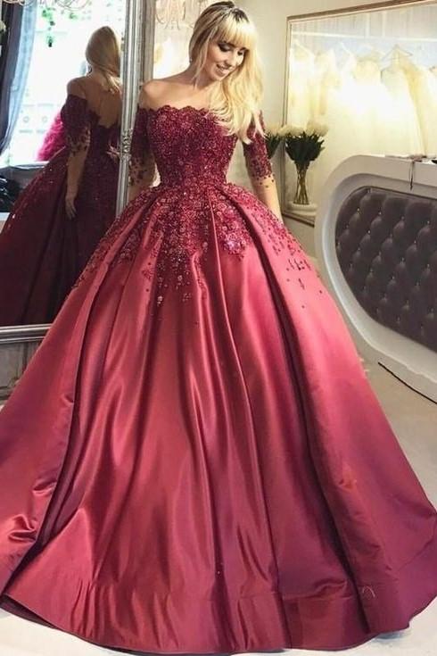 2024 New Designer Burgundy Long Sleeves Off Shoulder Lace Up Back Ball Gown Prom Dresses