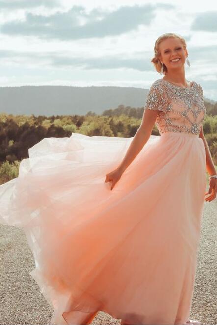 2024 New Arrival A Line Tulle Peach Short Sleeves Beaded Scoop Long Backless Prom Dresses