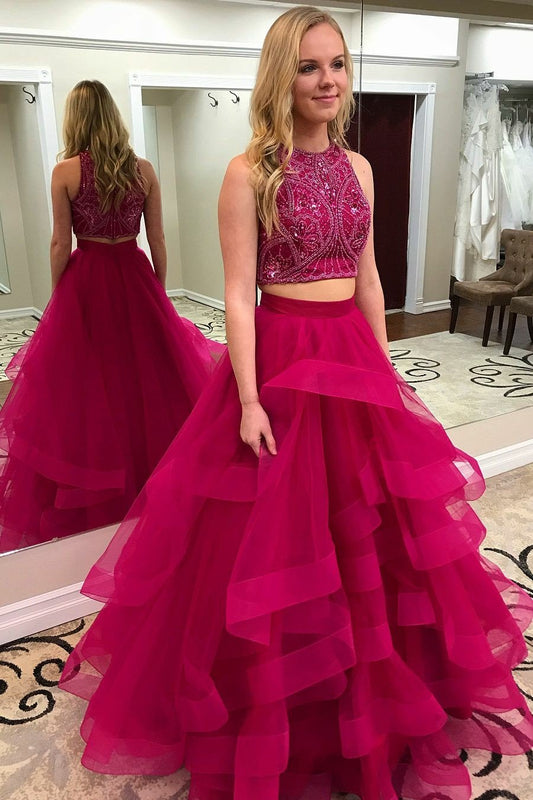 2024 New Arrival A Line Tulle Beaded Tulle Two Pieces Ruffles Fuchsia Prom Dresses