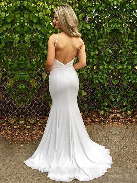 2024 Sexy Mermaid White Halter Backless Long Cheap Prom Dresses