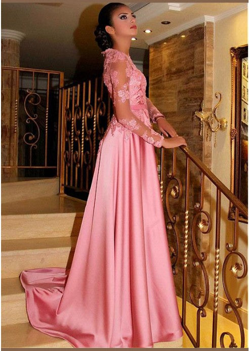 Elegant A Line Elastic Satin Pink Long Sleeves Prom Dresses With Appliques Prom Dresses