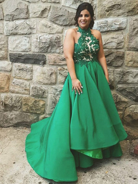 2024 New Arrival A Line Emerald Halter Backless Long Lace Plus Size Prom Dresses