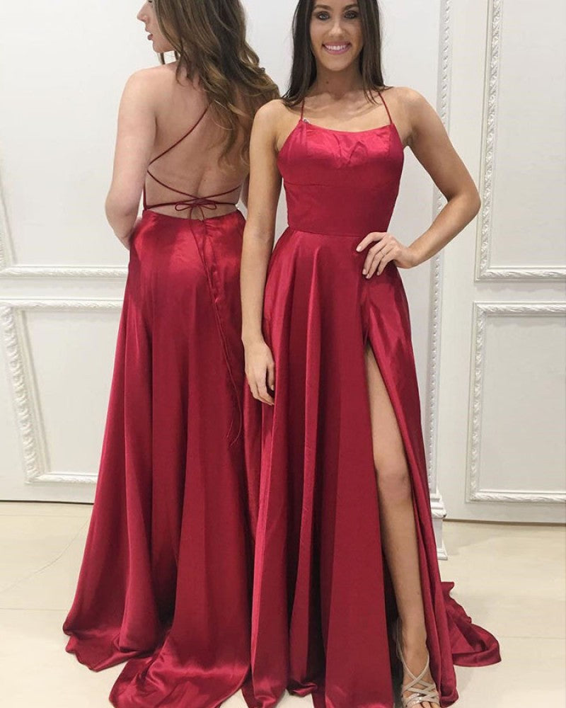 Cheap A Line Red Elastic Satin Side Slit Halter Lace Up Back Prom Dresses 2024